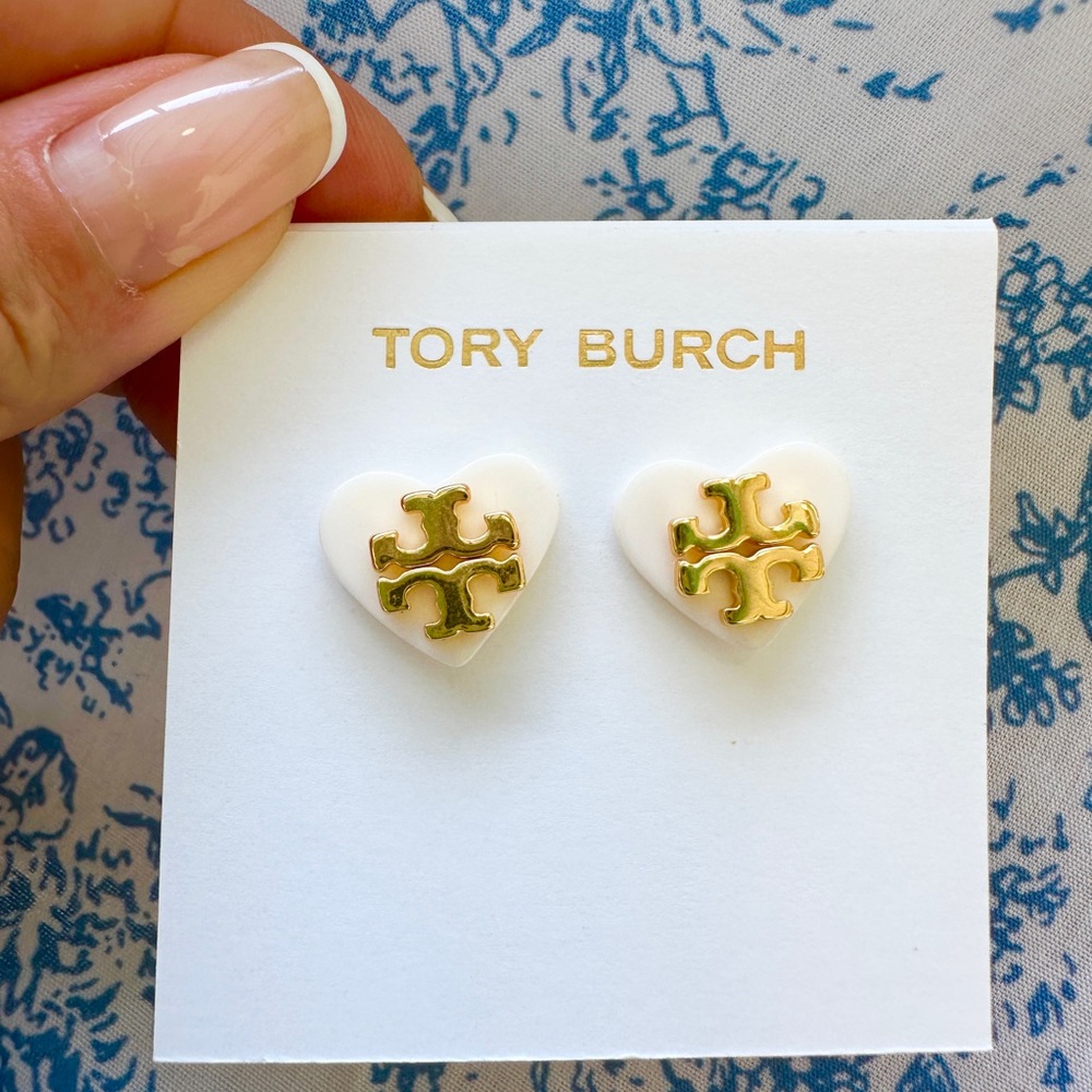 Tory Burch White and Gold Heart Studs